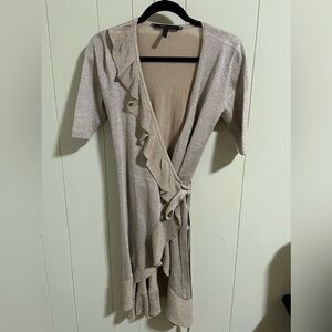 BCBG Max Azria size small rose gold shimmer metallic ruffle self tie wrap dress